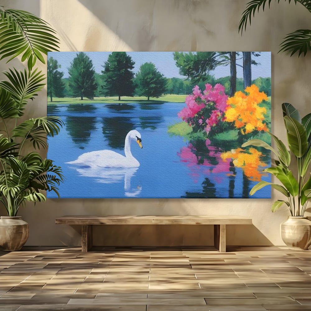 Tablou canvas cu pictura cu lebada pe lac si flori, fara rama, pe sasiu de lemn